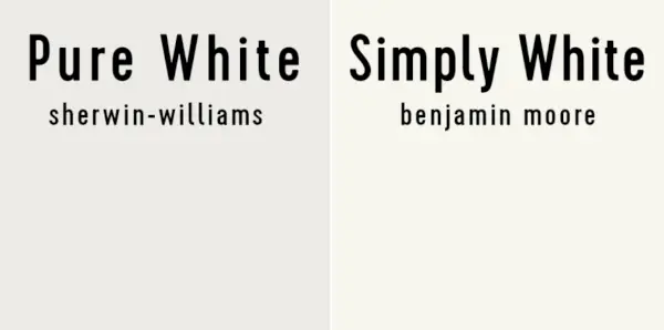 Sida vid sida av Sherwin-Williams Pure White och Benjamin Moore Simply White