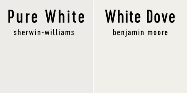 Vierekkäin Sherwin-Williams Pure White ja Benjamin Moore White Dove