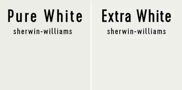 Sida vid sida av Sherwin-Williams Pure White och Benjamin Moore Extra White