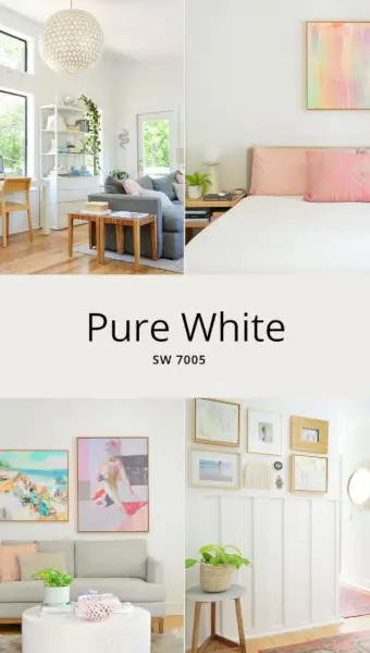 Четири стаи, използващи Sherwin-Williams Pure White върху стени и тапицерия