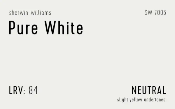 Sherwin Williams Pure White Swatch mit Farbinfo LRV-Unterton