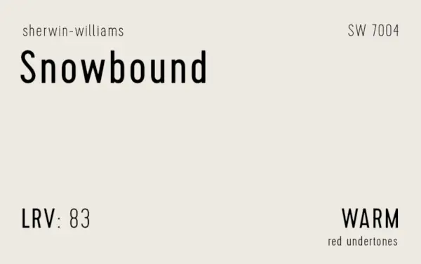 Sherwin Williams Snowbound Swatch con informazioni sulla vernice LRV Undertone