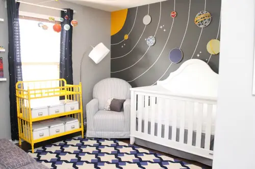 Een kinderkamer met een planeetmuurschildering