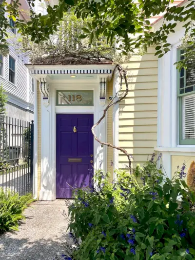 Gelbes Haus mit Weinreben um den Portikus in Charleston, South Carolina