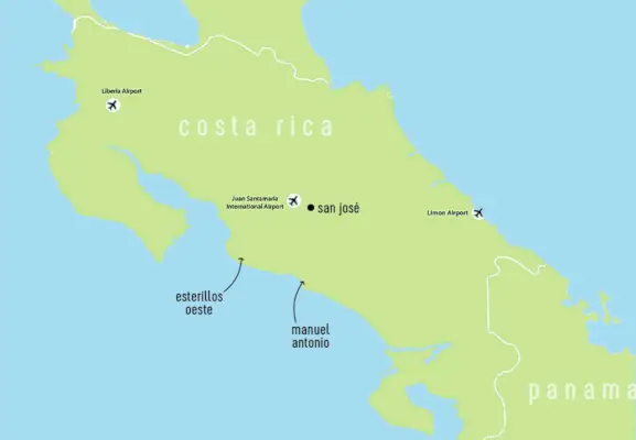 Zemljevid Kostarike z oznakama Esterillos Oeste in Manuel Antonio