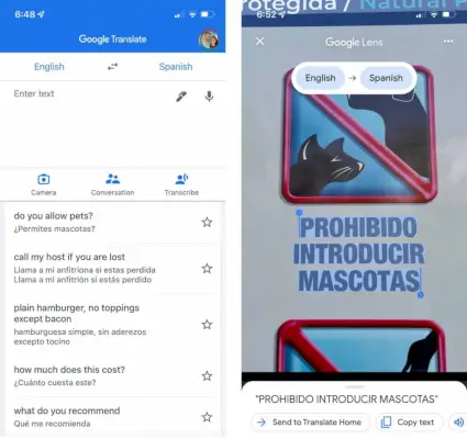 Snímka obrazovky telefónnej aplikácie Google Translate s prekladom z angličtiny do Mexika