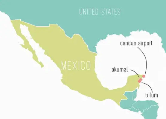 Mapa do México com Tulum Akumal Cancún rotulado