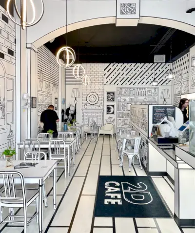 Interiér 2D Cafe na Central Avenue v Saint Petersburg na Floridě